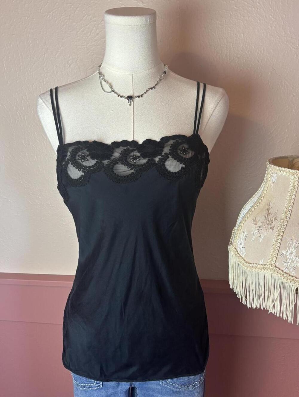 la perla euro silk black lace cami slip top sz 2 us sz 8 made in italy